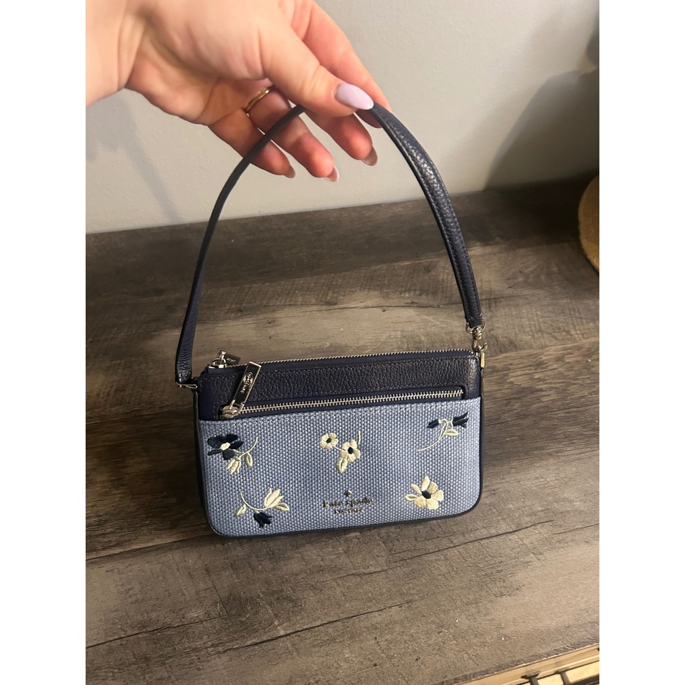 Kate Spade New York Leila Convertible Wristlet Blue Floral Straw Leather Bag - Picture 4 of 9